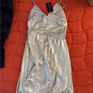 Fashion Nova Silver Metallic Mini Slip Dress